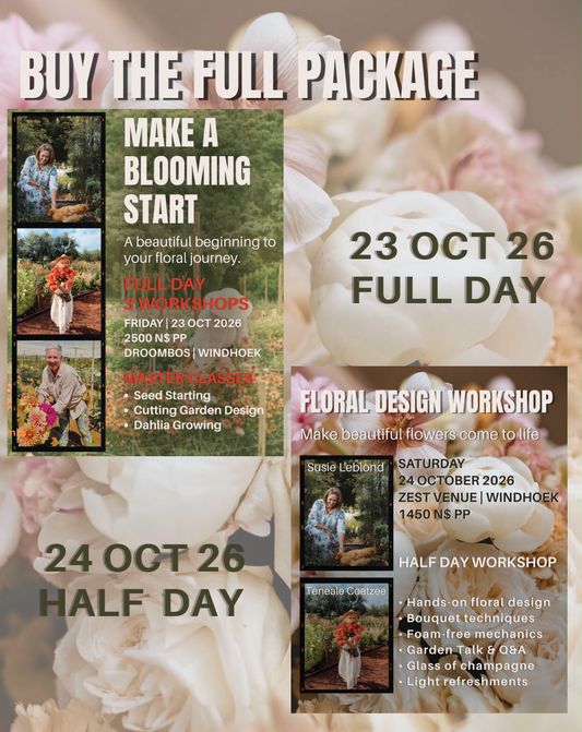 Promotional flyer for floral workshops with large text reading 'BUY THE FULL PACKAGE,' dates '23 OCT 26 FULL DAY' and '24 OCT 26 HALF DAY,' and two inset photos showing women gardening. The background is a soft-focus floral photo with pale pink and white blossoms.